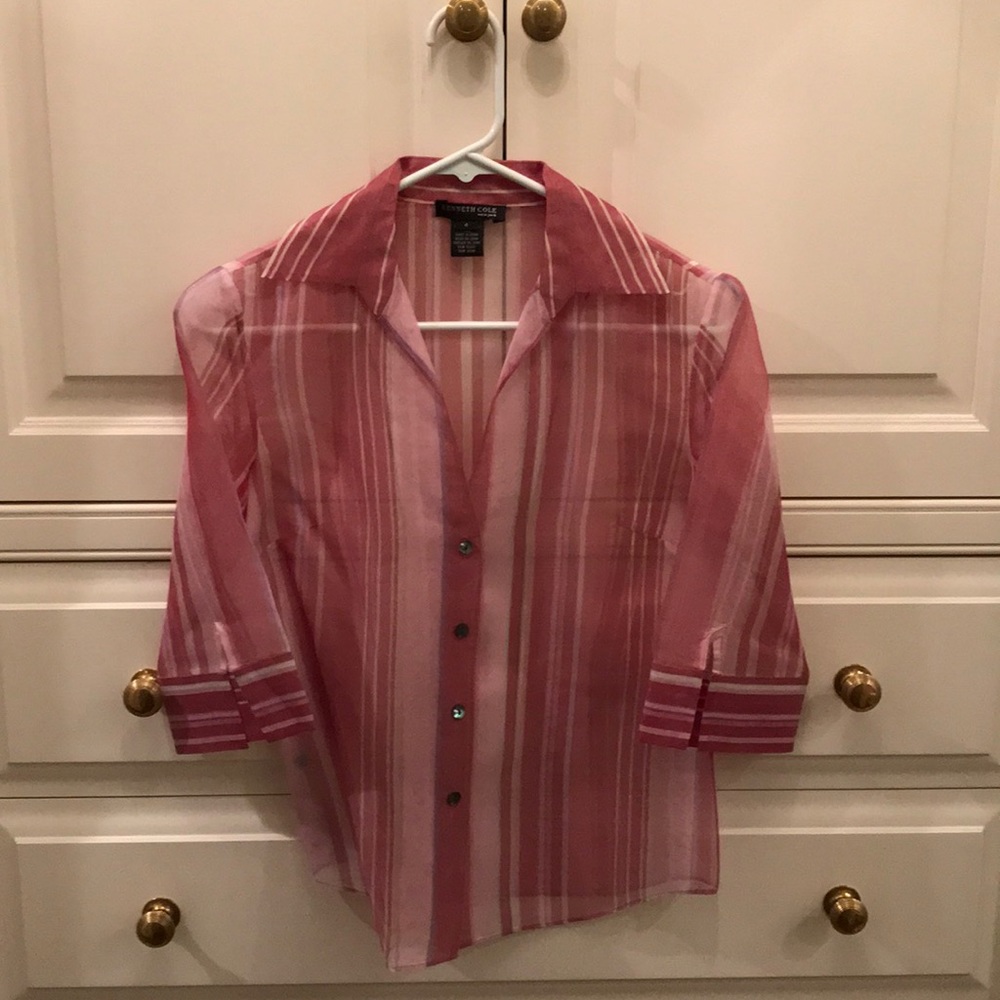 Kenneth Cole 100% silk striped sheer blouse